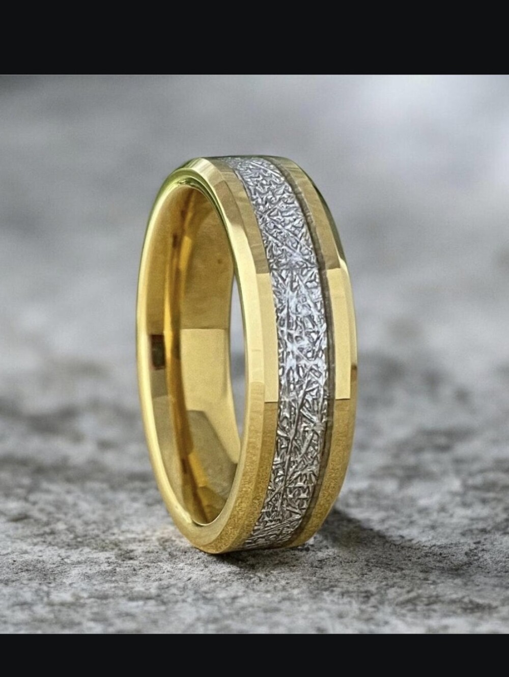 Gold Tungsten Ring – Meteorite Inlay, Beveled 6mm Wedding Band